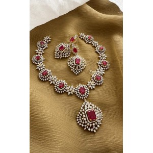 Royal AD Flower Pendant Short Neckpiece with Tikka Set - Pink
