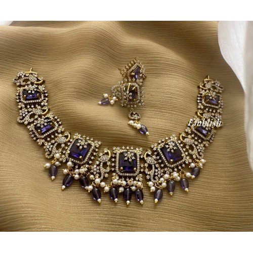 Royal AD Antique Flower Peacock Short Neckpiece- Purple