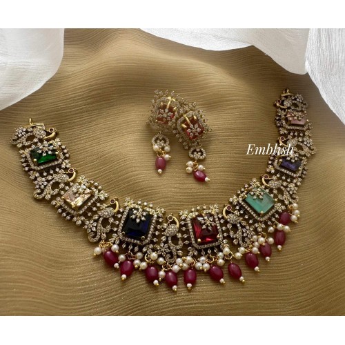 Royal AD Antique Flower Peacock Multicolour Short Neckpiece