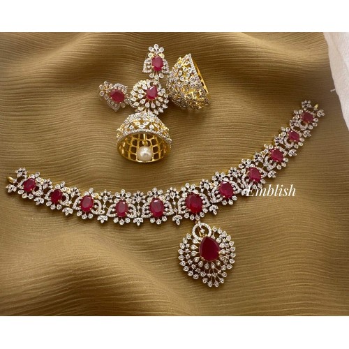 Royal AD Flower Pendant Short Neckpiece - Pink