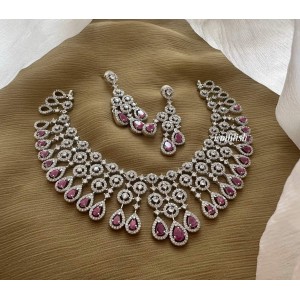 AD Stone Chandelier Tear Drop Neckpiece - Pink 