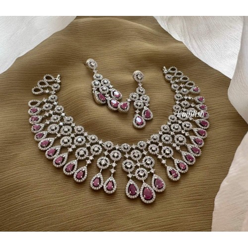 AD Stone Chandelier Tear Drop Neckpiece - Pink 
