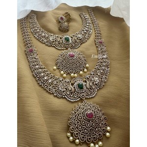 Royal AD Flower Pendant Peacock Pearl Drop Semi Bridal Set 