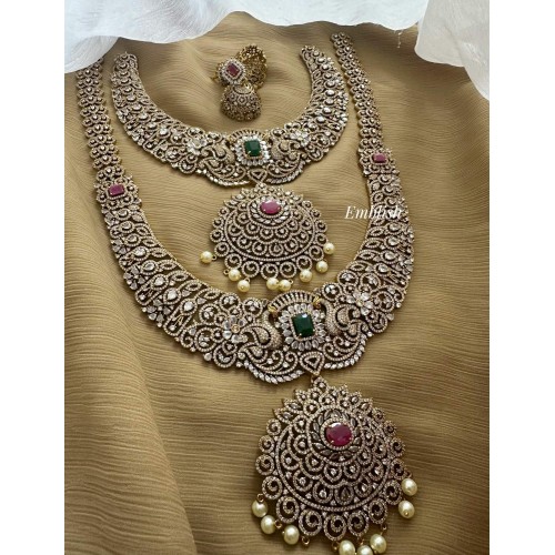 Royal AD Flower Pendant Peacock Pearl Drop Semi Bridal Set 