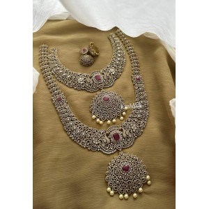 Royal AD Flower Pendant Peacock Pearl Drop Semi Bridal Set - Pink