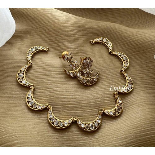 Fancy AD Stone Half Moon Short Neckpiece - White