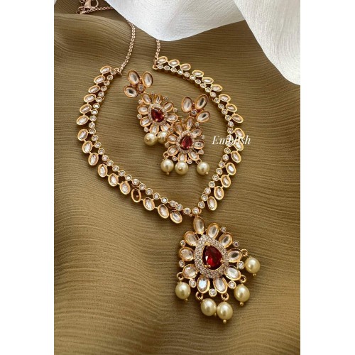 Rose Gold Kundan AD Stones Flower Pendant Short Neckpiece - Red Rose Gold Kundan AD Stones Flower Pendant Short Neckpiece - Red