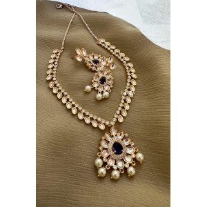 Rose Gold Kundan AD Stones Flower Pendant Short Neckpiece - Blue