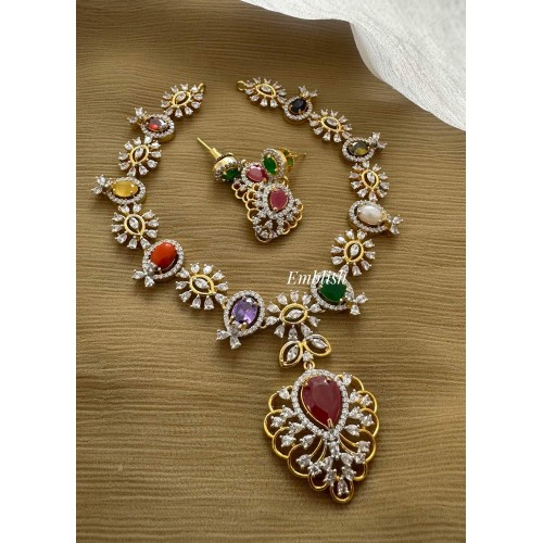 Elegant AD Flower Oval Flower Pendant Navarathna Neckpiece Elegant AD Flower Oval Flower Pendant Navarathna Neckpiece