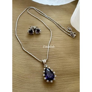 Simple Elegant AD Stones Flower Drop Pendant Set - Purple