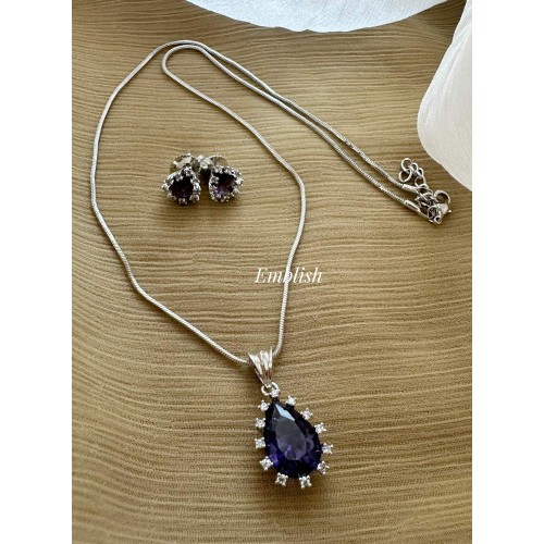 Simple Elegant AD Stones Flower Drop Pendant Set - Purple