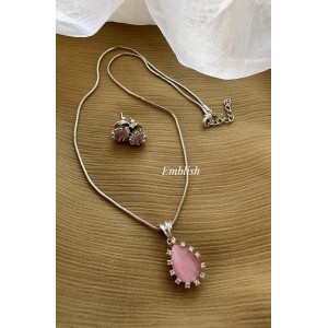 Simple Elegant AD Stones Flower Drop Pendant Set - Pastel Pink