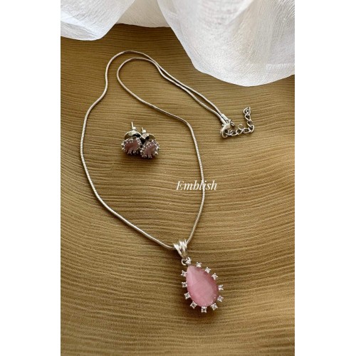 Simple Elegant AD Stones Flower Drop Pendant Set - Pastel Pink