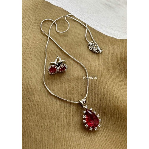 Simple Elegant AD Stones Flower Drop Pendant Set - Red