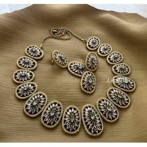 Antique Flower AD Stones Short Neckpiece - Pastel Blue