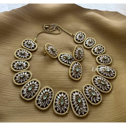 Antique Flower AD Stones Short Neckpiece - Pastel Blue