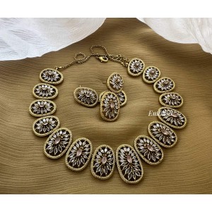 Antique Flower AD Stones Short Neckpiece - Pastel Pink