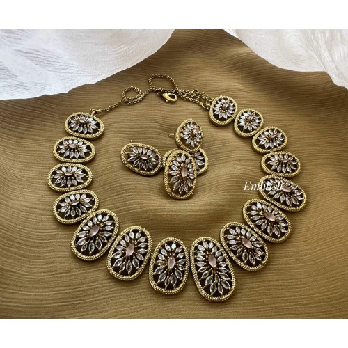 Antique Flower AD Stones Short Neckpiece - Pastel Pink