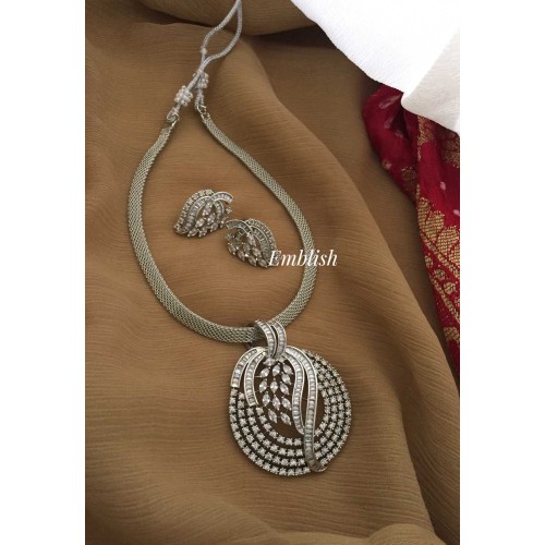 Simple and classy big Ad stone pendant set -Silver 