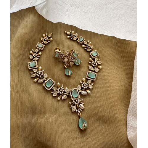 AD Designer Flower Leaf Tear Drop Neckpiece - Pastel Blue