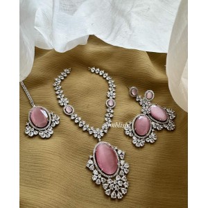 Ad Flower Tear Drop Neckpiece with Tikka set  - Pastel Pink