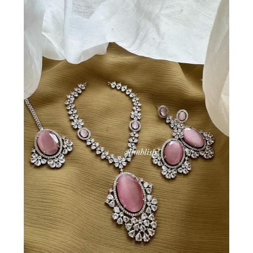 Ad Flower Tear Drop Neckpiece with Tikka set  - Pastel Pink