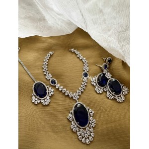 AD Flower Oval Neckpiece with Tikka Set - Blue