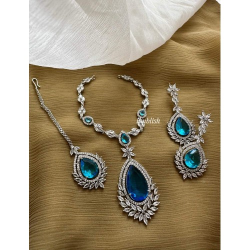 Ad Flower Tear Drop Neckpiece with Tikka set  - Sky Blue