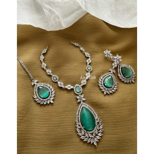 Ad Flower Tear Drop Neckpiece with Tikka set  - Mint Green