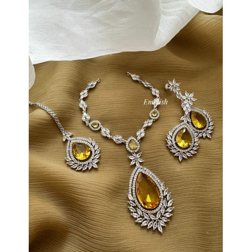 Ad Flower Tear Drop Neckpiece with Tikka set  - Yellow