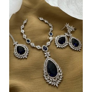 Ad Flower Tear Drop Neckpiece with Tikka set  - Blue