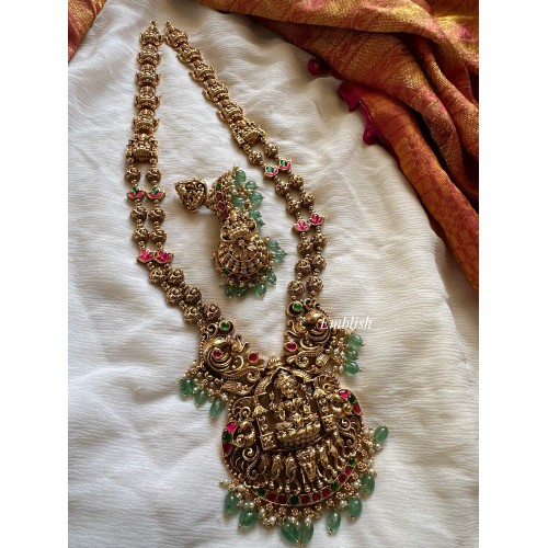 Kundan jadu Gold replica Lakshmi haram - Pastel beads