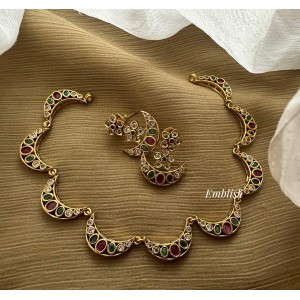 Fancy AD Stone Half Moon Short Neckpiece - Red with Green