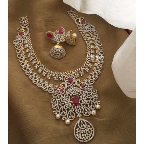 Double Layer Ad Pearl Drop Peacock Motif Neckpiece - Pink