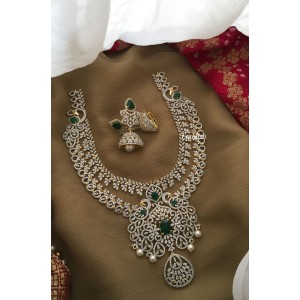 Double Layer Ad Pearl Drop Peacock Motif Neckpiece - Green