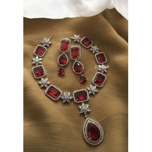 Ad Flower with Square Tear drop Neckpiece - Red