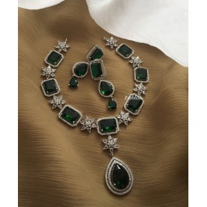 Ad Flower with Square Tear drop Neckpiece - Green