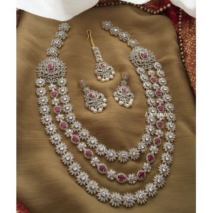 Royal AD Flower Triple Layer Neckpiece with tikka- Pink