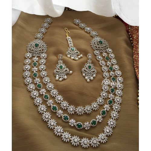 Royal AD Flower Triple Layer Neckpiece  with tikka - Green