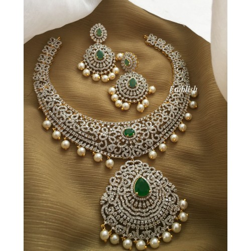 AD Flower intricate Pearl drop Neckpiece - Green