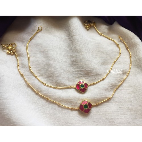 Kundan Jadau Diamond Anklets - Red with Green