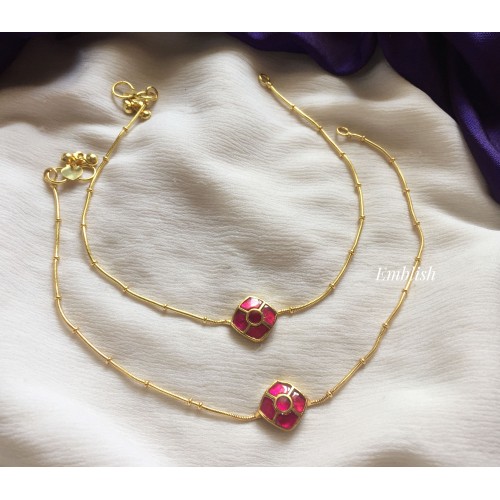 Kundan Jadau Diamond Flower Anklets - Red