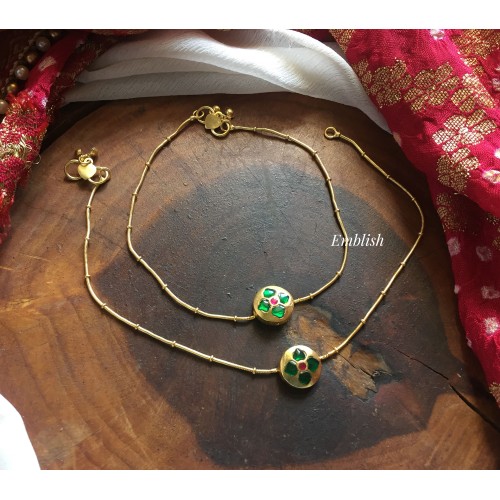 kundan jadau Flower Circle Anklets - Green