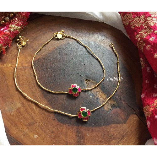 Kundan Jadau Flower Anklets 2 - Red with Green 