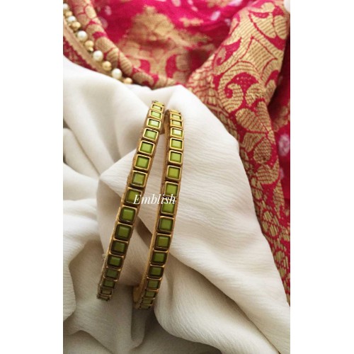 Silk Thread Square Kundan Stone Bangle - Leaf Green