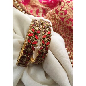 Silk Thread Red Flower Kada Bangle - Red with Golden pearl