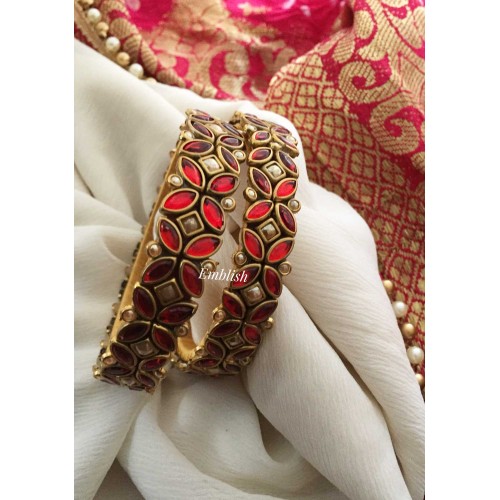 Silk Thread Red Flower Kada Bangle - Red with Golden pearl