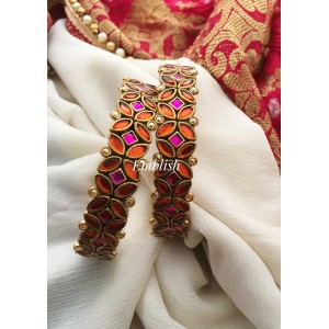 Silk Thread Flower Kada Bangle - Red with Pink