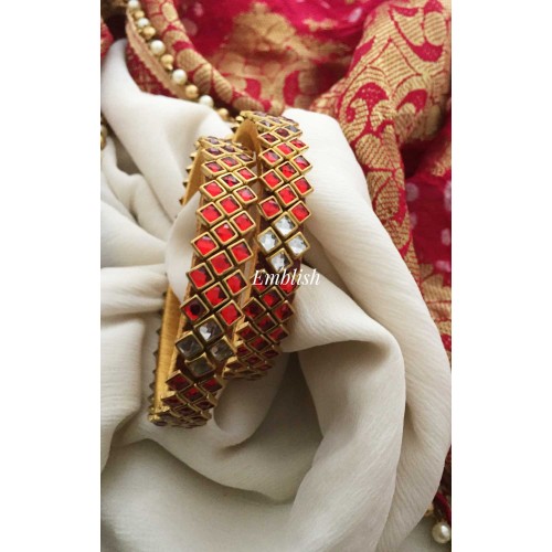 Silk Thread Triple Stone Kada Bangle - Red