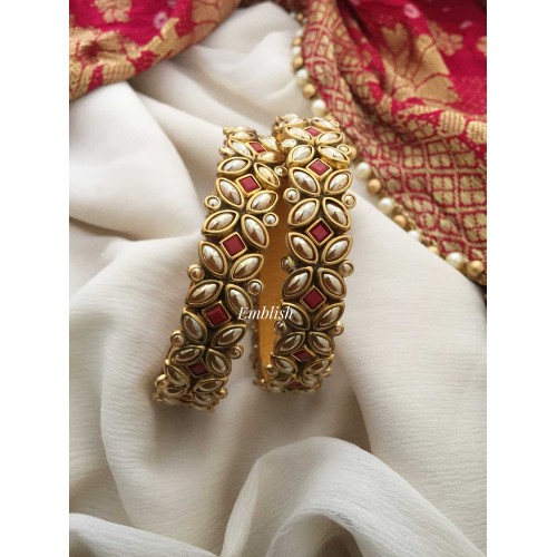 Silk Thread Flower Kadai Bangles - White with Red